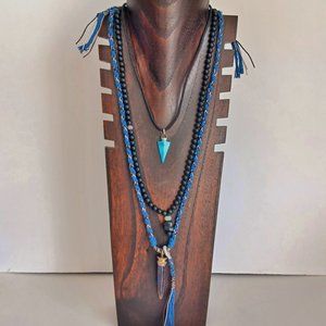 Men's  handmade cotton chain with turquoise pendant and sterling silver necklace